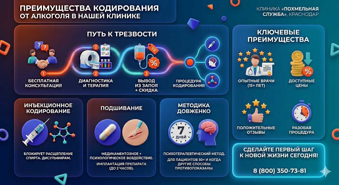 Инфографика о методах кодирования от алкоголя в Белокурихе: инъекции, подшивание, метод Довженко. Преимущества клиники и этапы лечения.