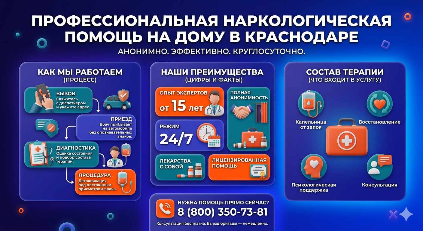 Инфографика о принципах лечения алкоголизма на дому в Белокурихе: этапы вызова нарколога, преимущества анонимной детоксикации и состав медицинской помощи.